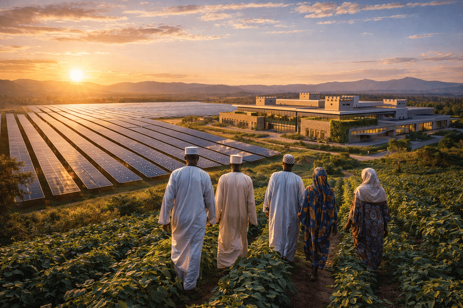 Solar panels at sunset